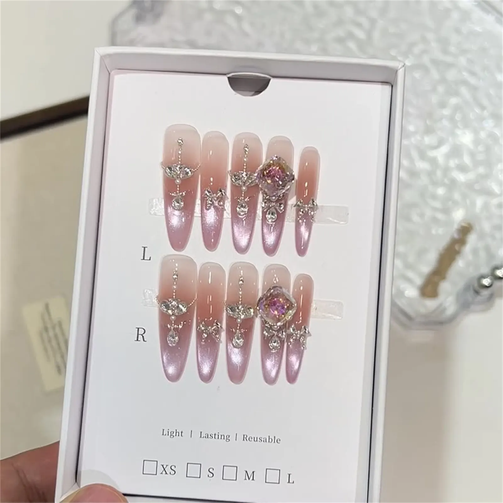 10 Uds. De uñas postizas de estilo francés con ojo de gato, diamantes de imitación de cristal violeta, uñas artificiales hechas a mano para mujer, fiesta y boda