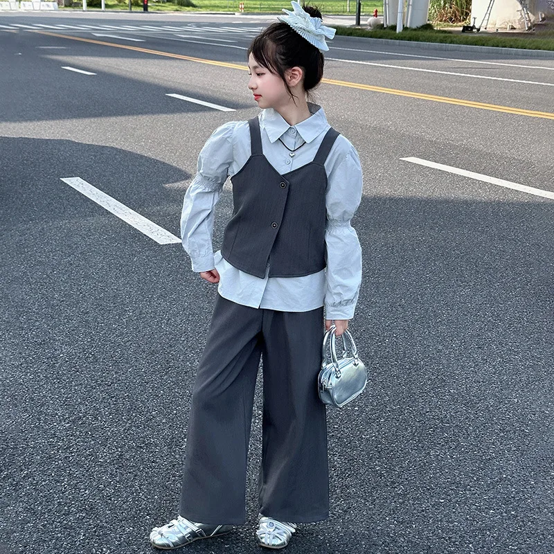 

Girls Clothing Set Spring Autumn Children Puffed-sleeve Shirts + Vest + Loose Pants 3pcs School Kids Suits for Teen Girl Clothes