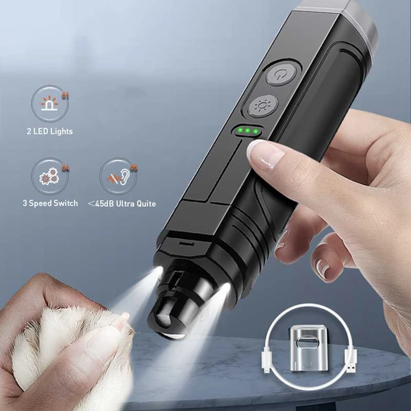 เครื่องบดคีมตัดไฟฟ้าตัดเล็บสุนัขมืออาชีพ + 2ไฟ LED ชาร์จได้กรงเล็บแมวตัดเล็บ
