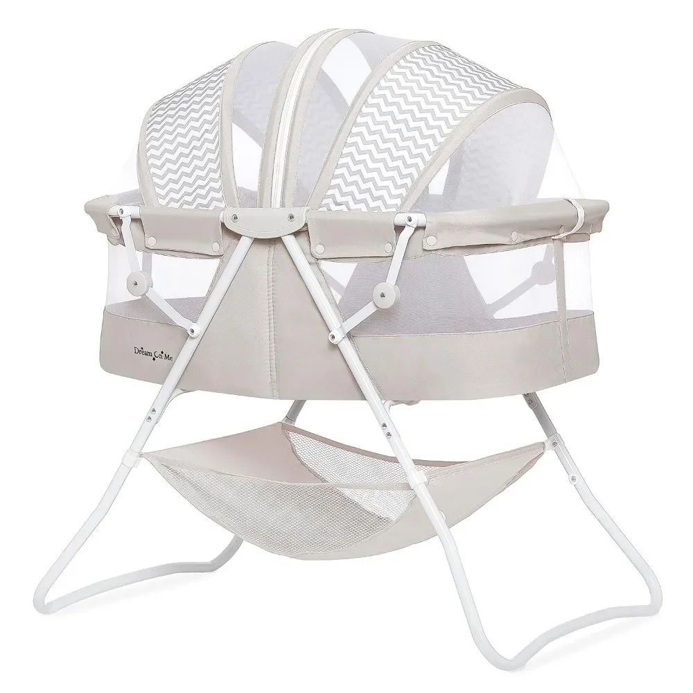 Bassinet dalam warna abu-abu, Bassinet bayi portabel ringan, lipat cepat dan mudah dibawa, kanopi ganda dapat disesuaikan