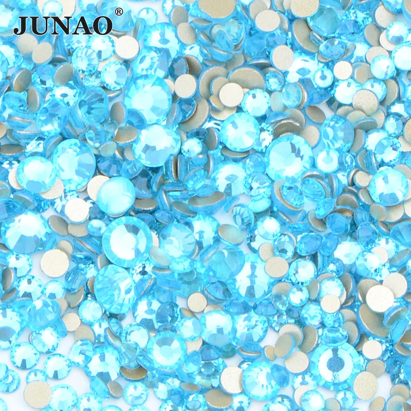 JUNAO 1400 قطعة SS6 8 10 12 16 20 مزيج عشوائي AB مزيج حجم الزجاج الراين حجر كريستال مستدير غير الإصلاح ستراس لمسمار الفن