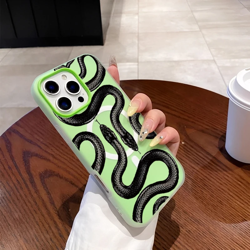 المغناطيسي بسيط الجمالية الاتجاه الأسود بيثون نمط جراب هاتف آيفون 16 15 14 13 12 11 بروماكس سيليكون جراب هاتف غطاء