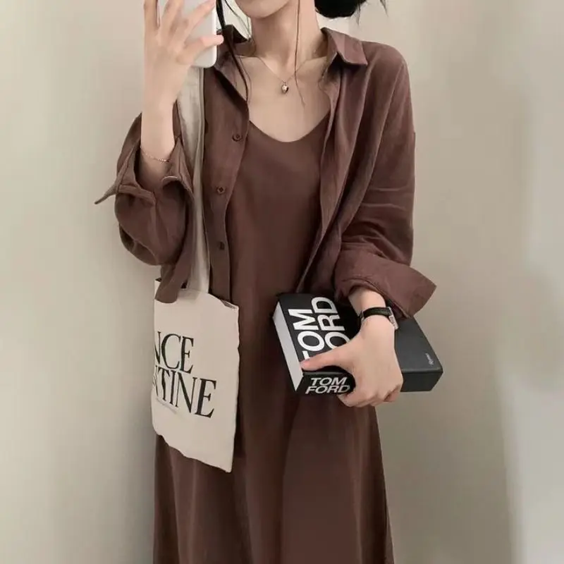 Two Piece Sets Women Korean Style Retro Cropped Shirts Outerwear Simple Baggy Tender Sleeveless Elegant Feminine Long Dresses