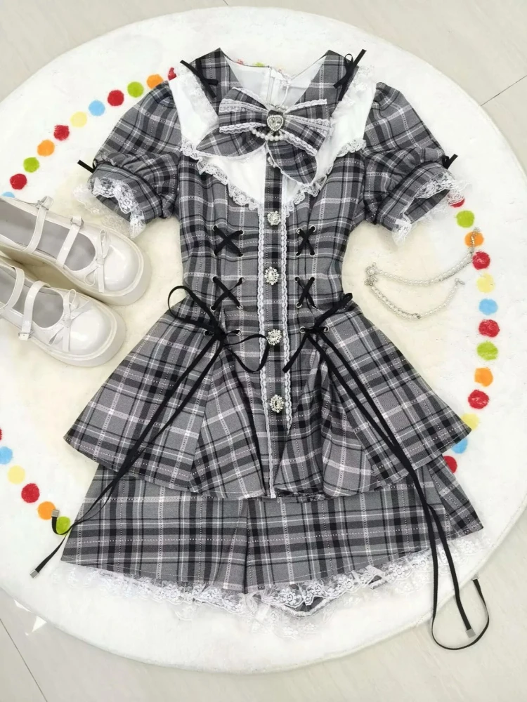 

New Summer Sweet Japanese Lolita Dress Set Women Cute Bow Lace Design Fashion Patchwork Kawaii Outfits Pretty Slim Lovely Suit