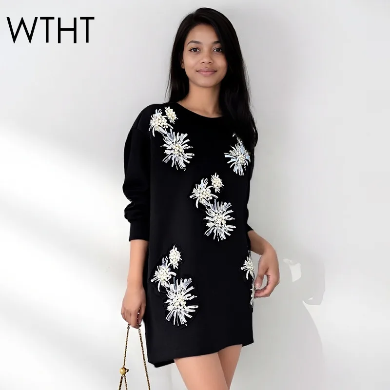 WHT Moda Feminina 3D Frisado Solto Moletom 2025 Inverno Na Moda O-pescoço Mangas Compridas Pulôveres Feminino 1LS2753