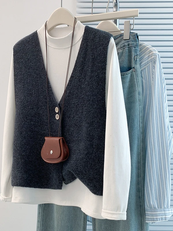 

Ele Knitted Suit Vest Women's Autumn Winter Loose Svel Layering Top Button up V-Ne Regular Length Color