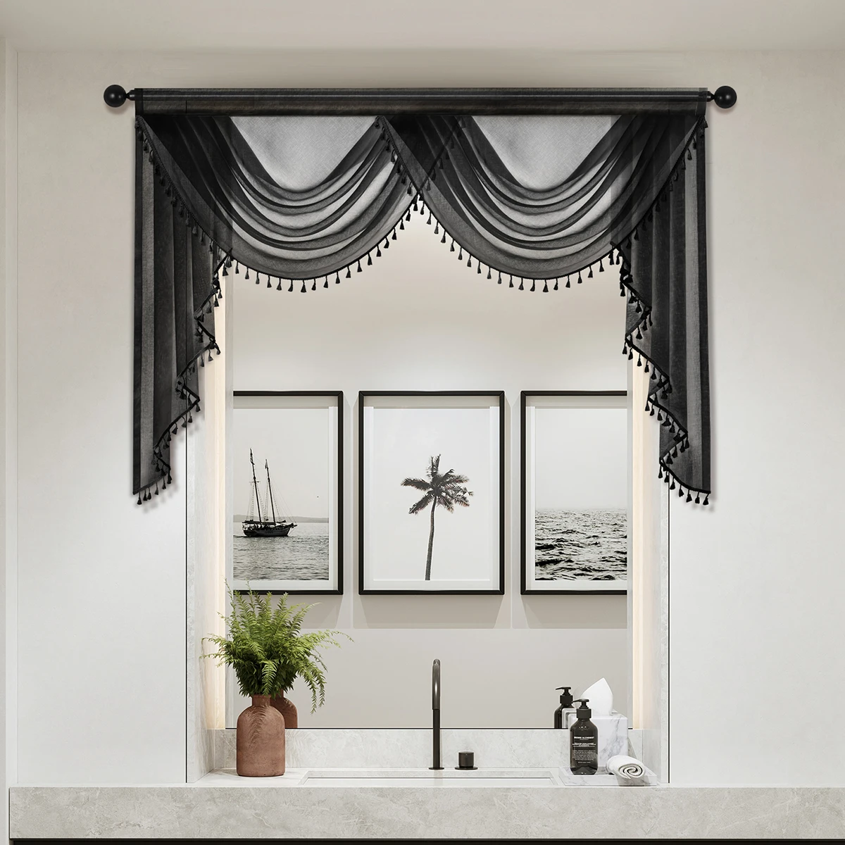 1pc Pure Color Sheer Valance with Tassel，Rod Pocket，Simple European Style Waterfall Swag Valance for the Room Window and Door