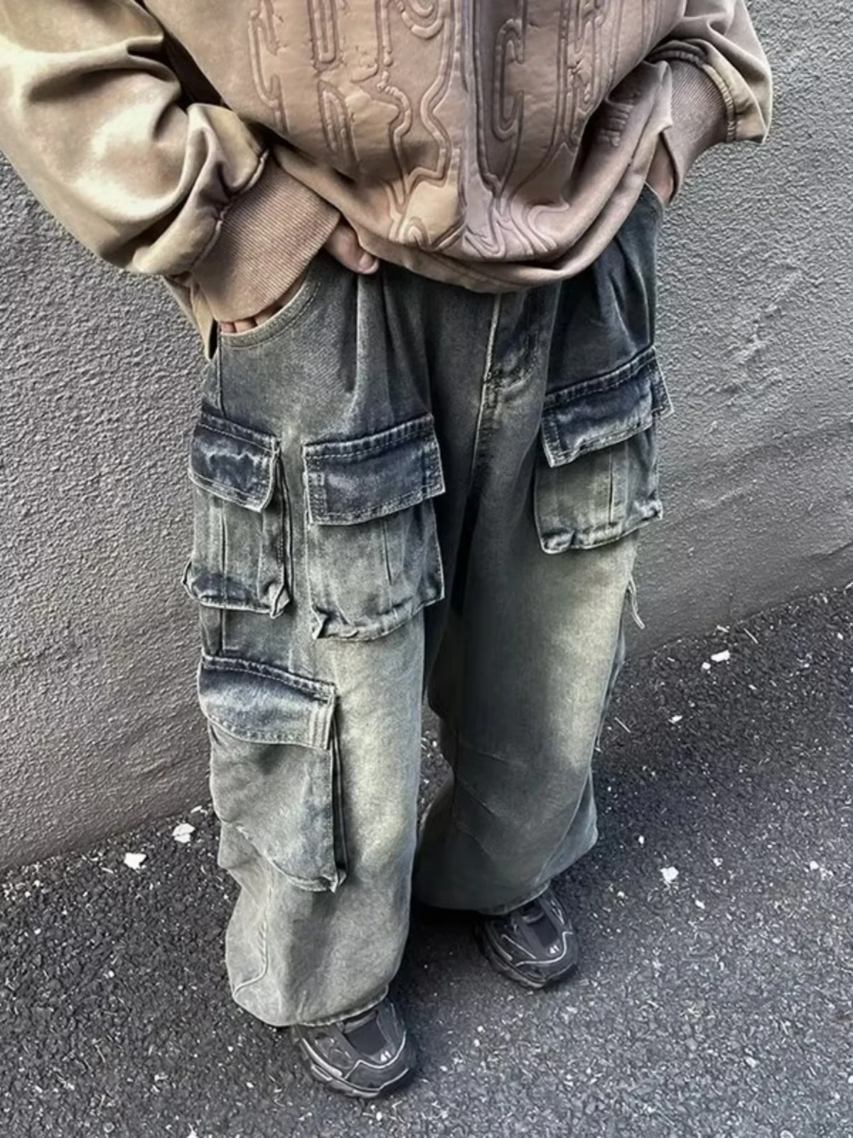 

Американские джинсовые брюки в рабочем стиле, мужские весенне-осенние свободные брюки с широкими штанинами, повседневные джинсы с множеством карманов, модный дизайн