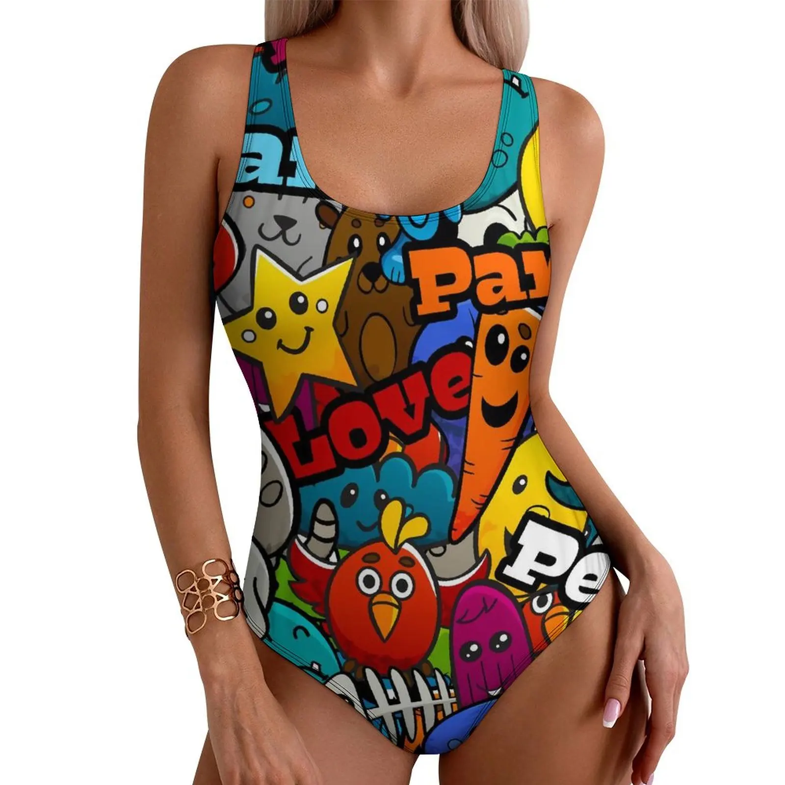 Word Graffiti Art Swimsuit Characters Swimwear One-Piece Holiday Bodysuit Cut Out Bathing Suits Women Push Up Sexy Beachwear