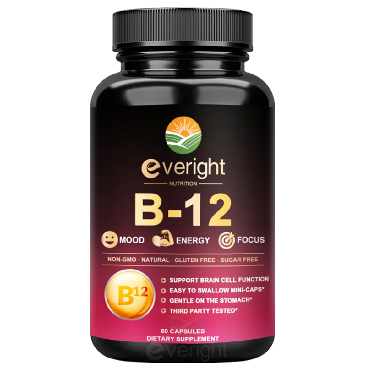 Vitamin B12 - for Mood, Brain, Nervous System, Energy, Metabolism - 3 BioActive B12 Forms 5000 mcg，Non-GMO