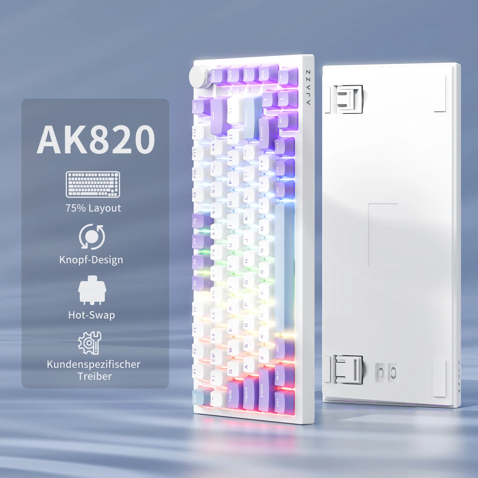 Ajazz AK820 75% Bedrade Mechanische Gaming Toetsenbord met Volumeknop – Zuidgerichte LED – PBT Keycaps (Sea Salt Switches)