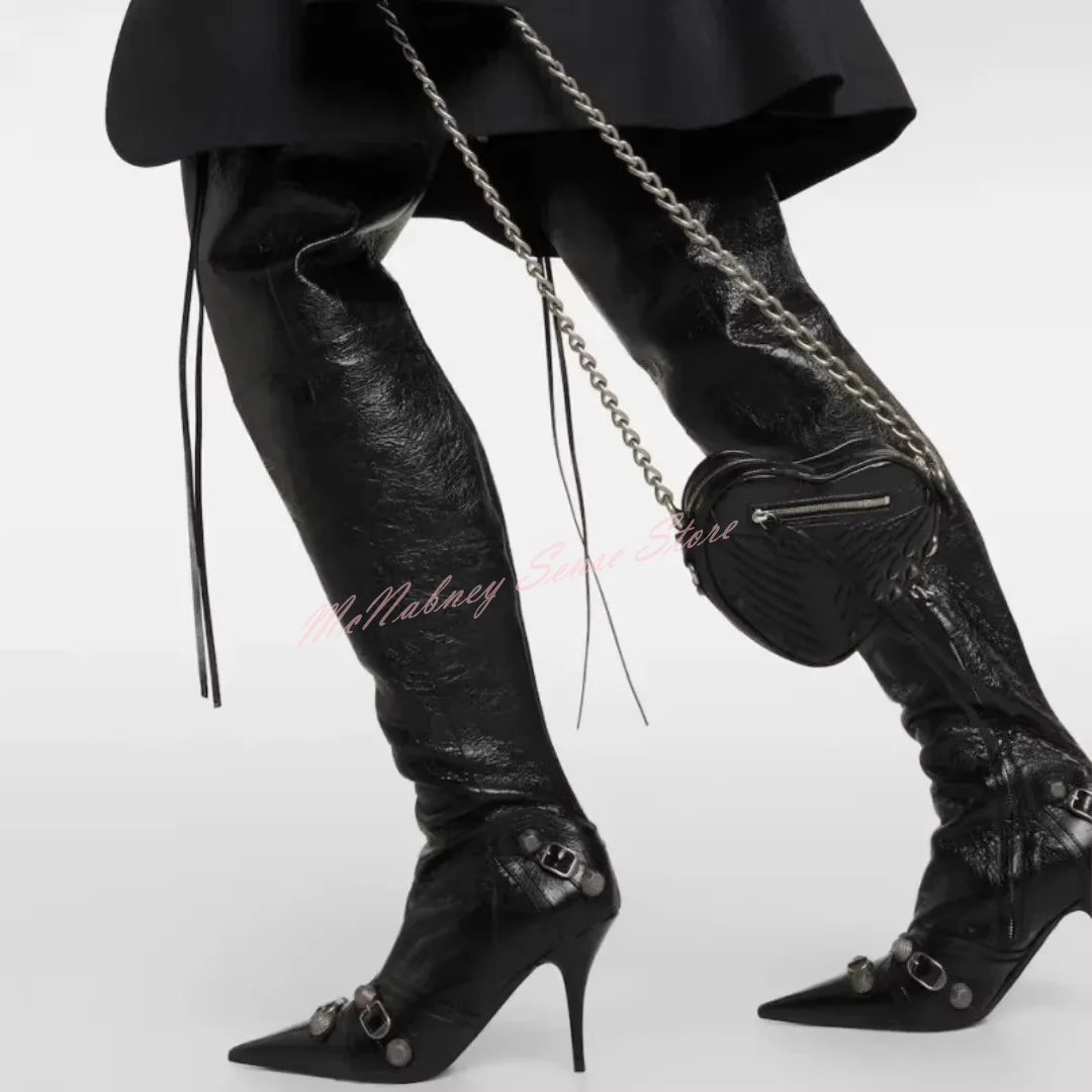 

Rivet Straps Thigh High Boots Pointed Toe Solid Leather Designer Women Shoes Stiletto Heels Buckles Zipper Over The Knee Boots