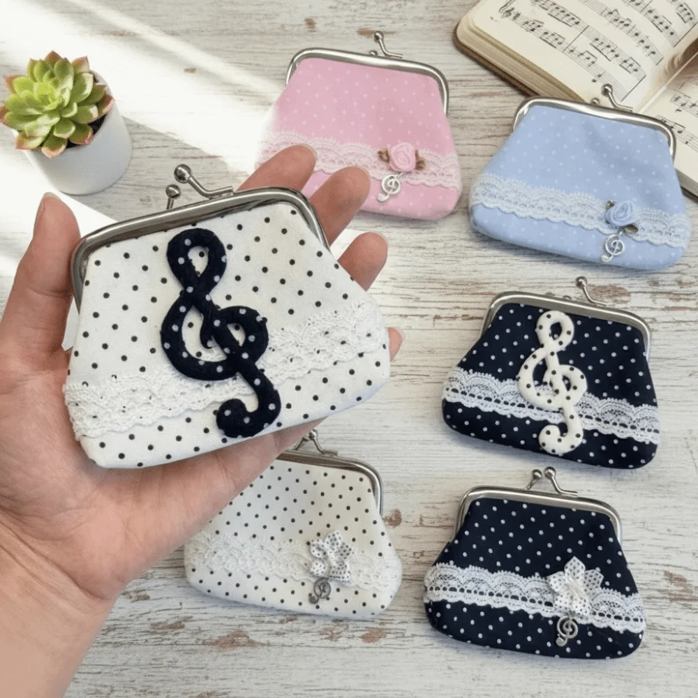 Y2k Style Handmade Lace Polka Dot Coin Purse Music Note Vintage Kiss Lock Wallet Portable Rose Pattern Earphone Bag Lady