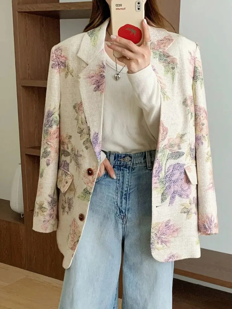 

Insozkdg 2024 Autumn New Women's Floral Blazer High-End Elegant Relaxed Fit Casual Jacket Trendy Lazy Style Fashionable Coat Top