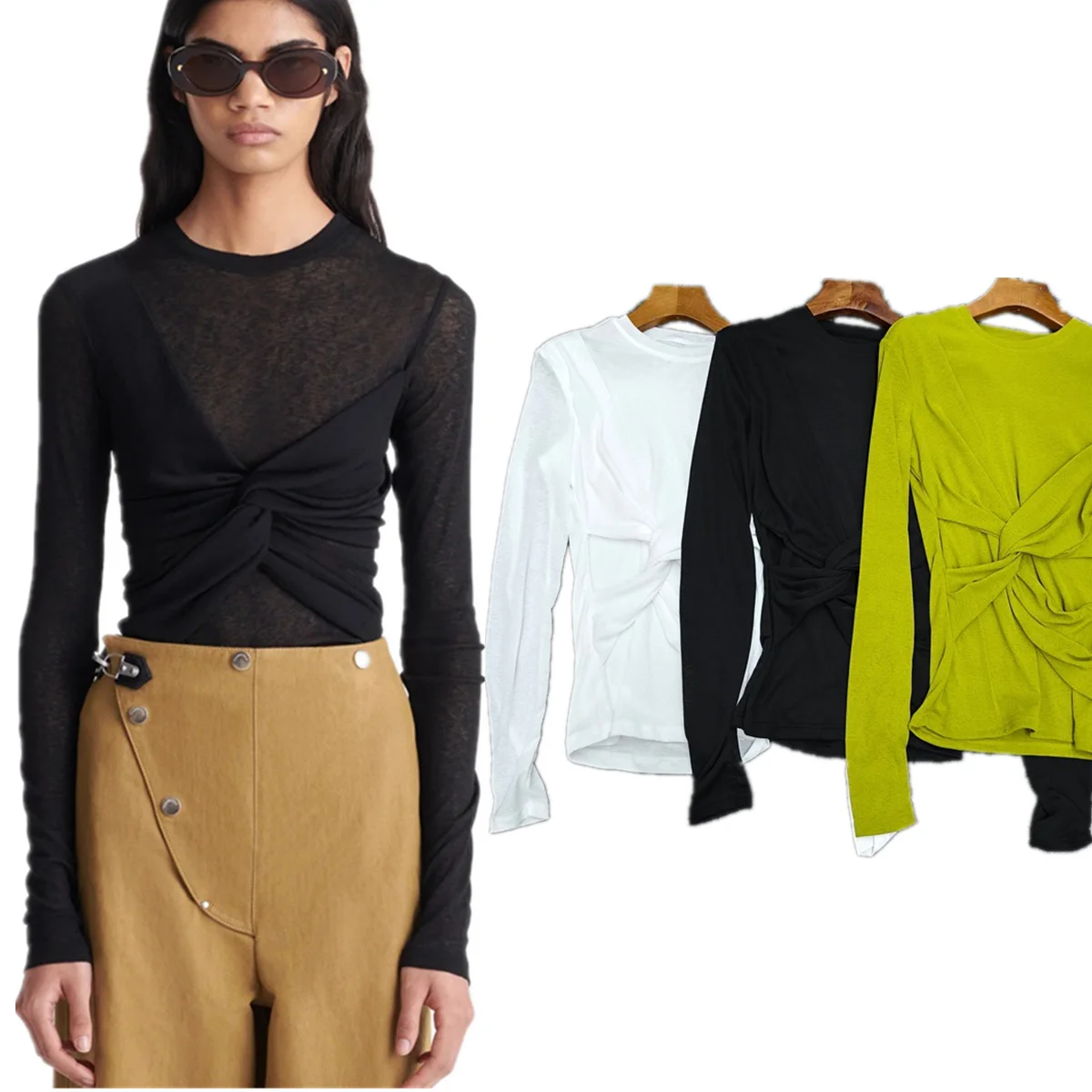 

Maxdutti Tops T-shirt Woman Clothes Minimalist French Fashion Twist Design Pleated Slim Round Neck Long Sleeve Base Shirt