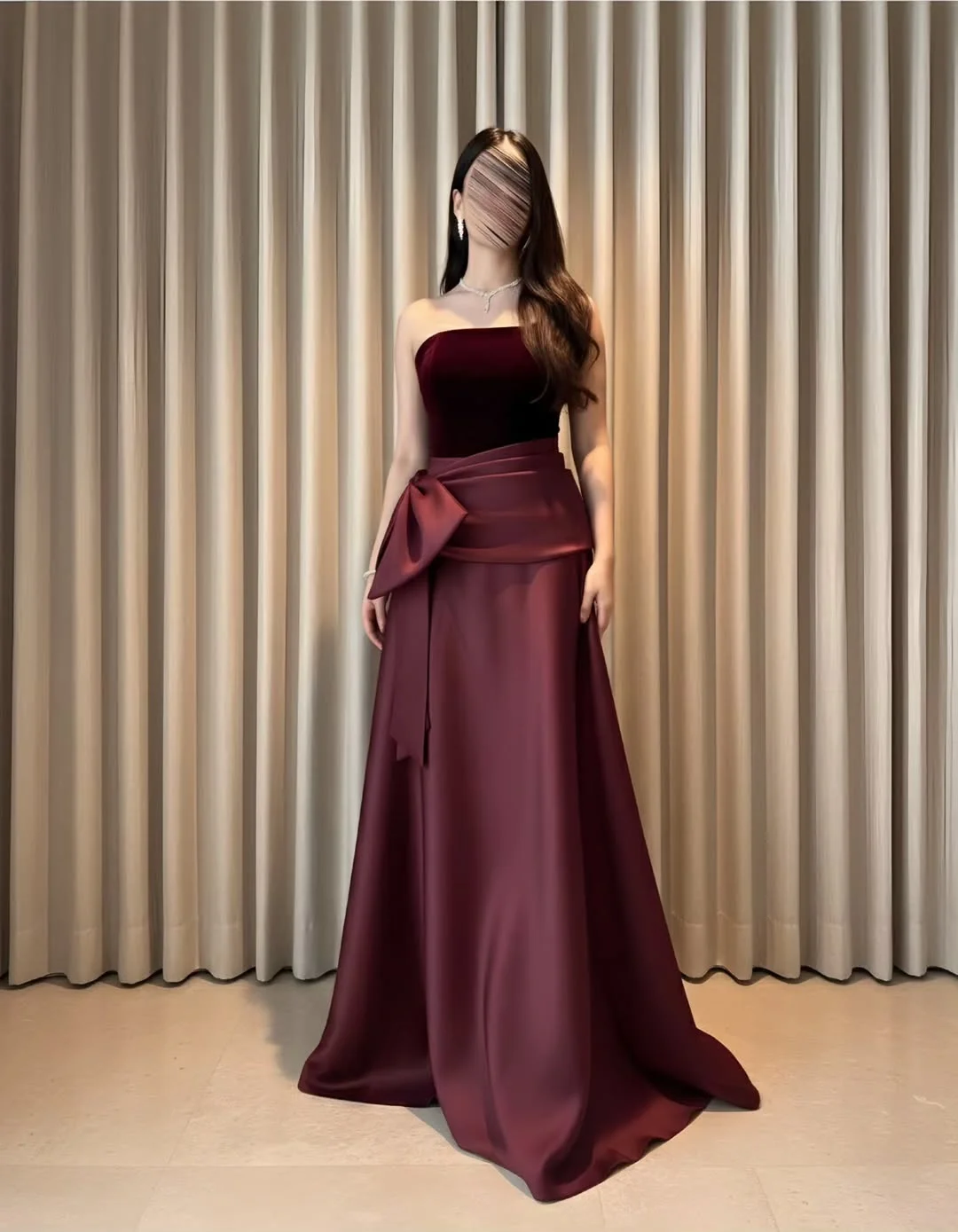 

New Design Sexy Strapless Waist Pleated Side Big Bow Elegant Satin Charming Velvet Evening Prom Formal Party Dress