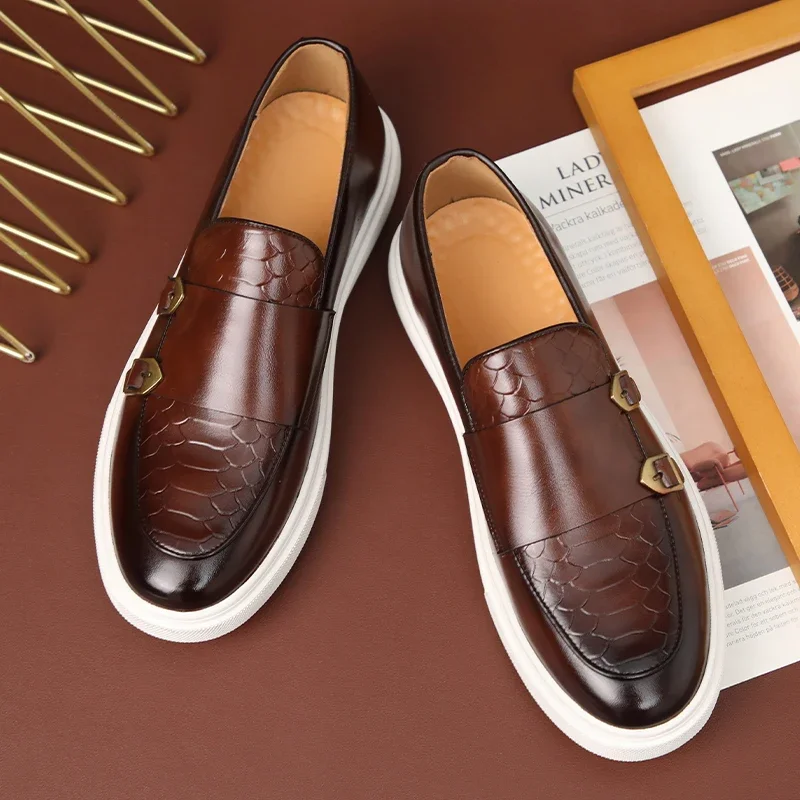 Retro Style Fashion New Men'S Black Brown Flats Monk Strap Leather Shoes Casual Loafers Formal Dress Footwear Shoes Men