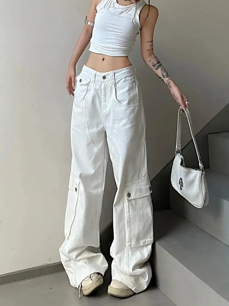 Jeans cargueiro coreano para mulheres, calça kpop, perna reta e larga, calça casual elegante, roupa de senhora, branco, moda Y2K, novo, 2023