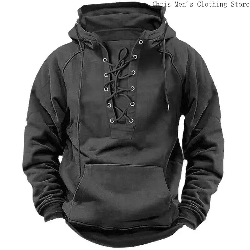 Men Streetwear Vintage Solid Color Hoodie 2024 Fall Trendy Mens Hooded Sweatshirts Lace-up Drawstring Long Sleeve Loose Hoodies