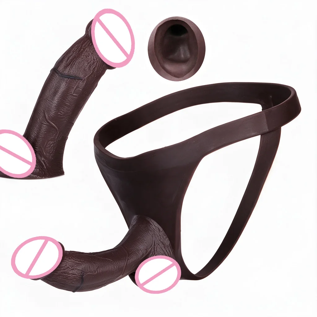FAAK Black Nude Silicone Panties Briefs Penis Sleeve Wearable Hollow Dildo Strap on Harness Thongs Cock Sheath Sex Toys For Men