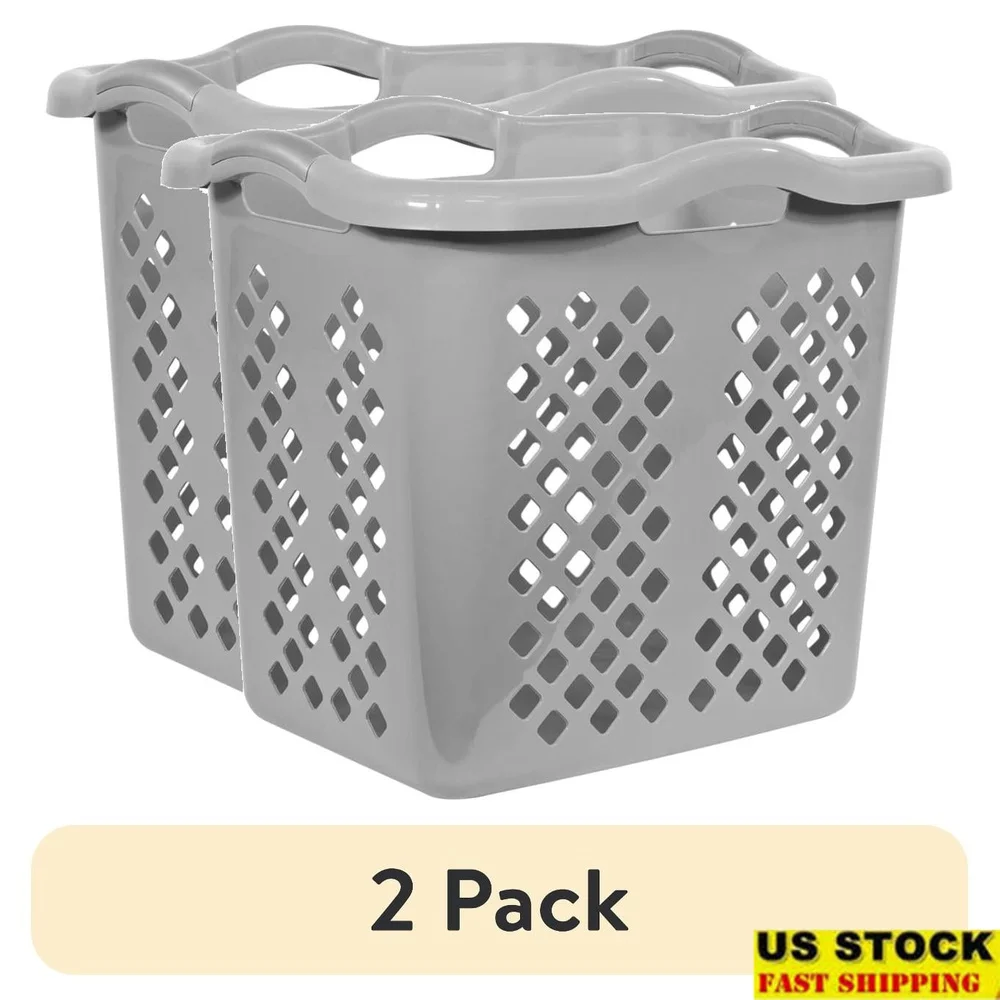 2 Pack 2 Bushel Plastic Laundry Basket Hybrid Design with Carry Handles Diamond Cutouts Ventilation and Storage Solutions