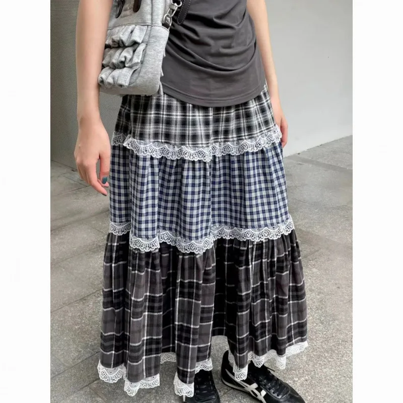 

Women Plaid Patchwork Skirt 2025 New Vintage Casual High Waist Irregular Loose Chic Retro A-line Midi Skirt