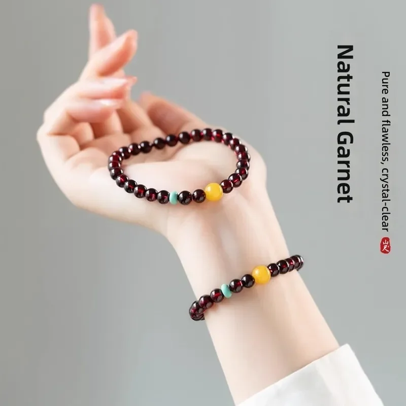 Pure natural garnet bracelet women's crystal bracelet niche agate jade burgundy gem beeswax beads