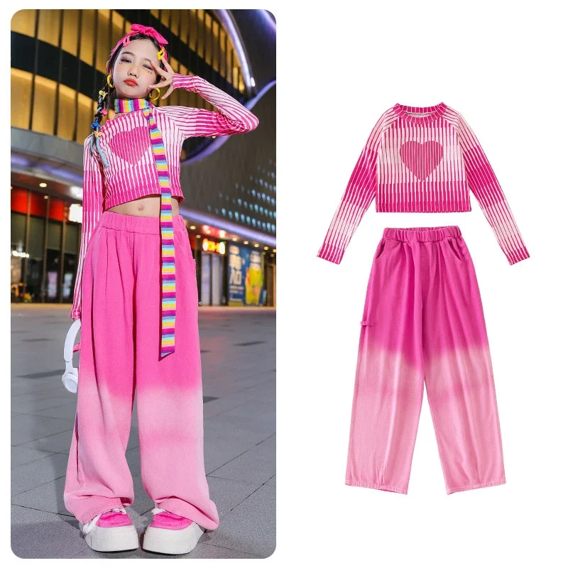 Neue Mädchen rosa Jazz Tanz Kostüm gestreifte Tops Baggy Pants Hip Hop Kinder Performance Anzug Rave Outfit Teenager Street Dance wear