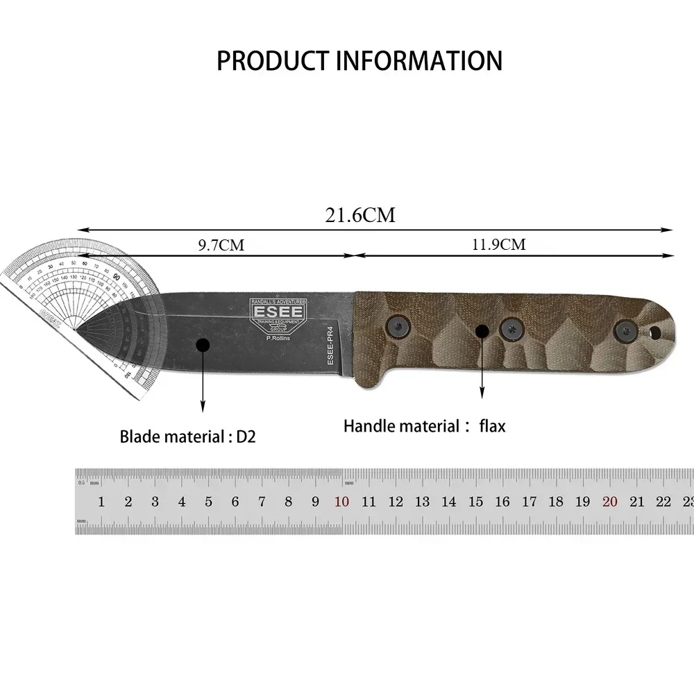 ES / EE PR4 Straight Knife D2 Blade Outdoor Hunting Sharp Cutting High Hardness Multi-functional with Sheath Knives Gift for Men