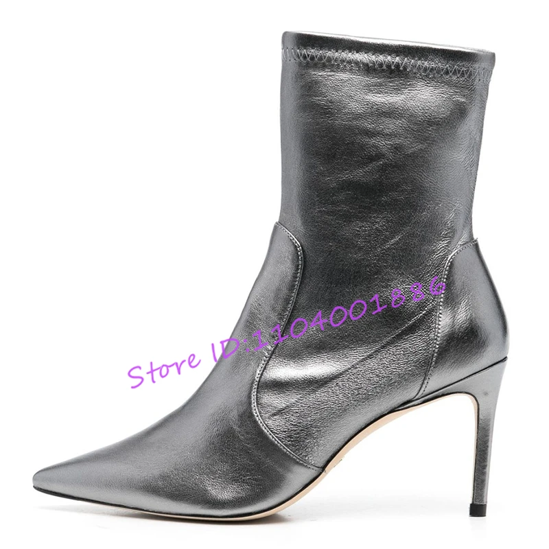 

Autumn Winter New Sexy Pointed Toe Ankle Boots Silver Black Brown Suede Leather High Heels Short Boots Party Banquet Dress Shoes