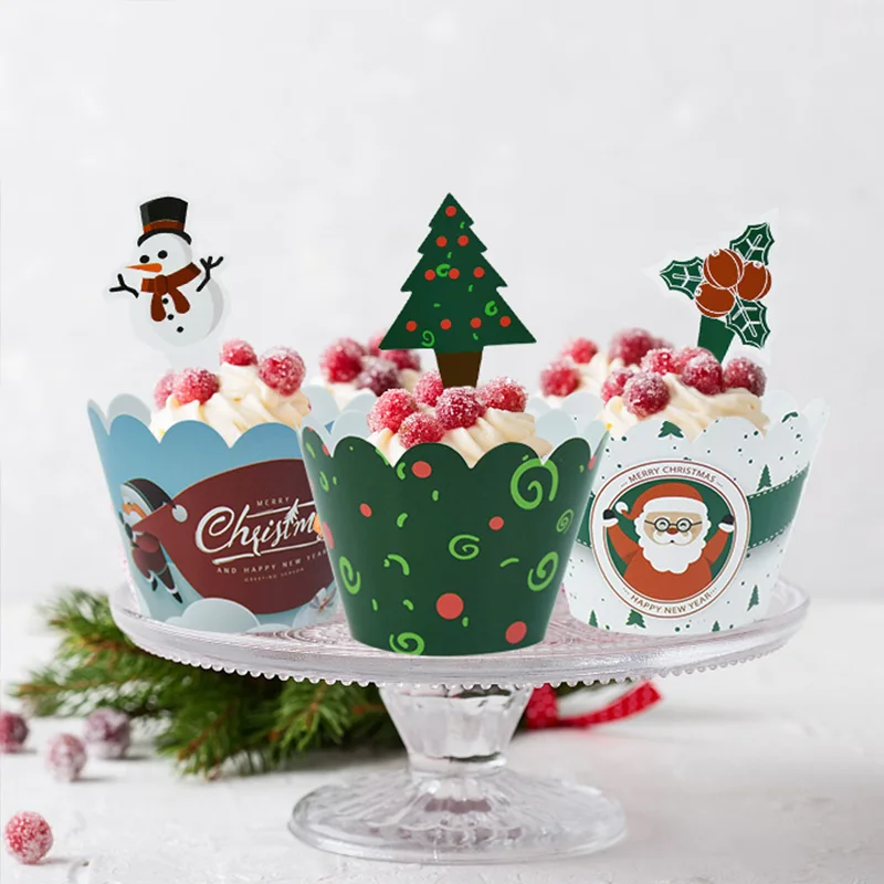 

24Pcs Christmas Party Cupcake Decoration Merry Christmas Santa Snowman Cake Toppers Cupcake Wrapper Set Navidad Party Supplies