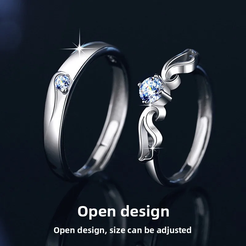 S925 Sterling Silver 0.5ct Moissanite Couple Rings - Angel Wings Series Adjustable