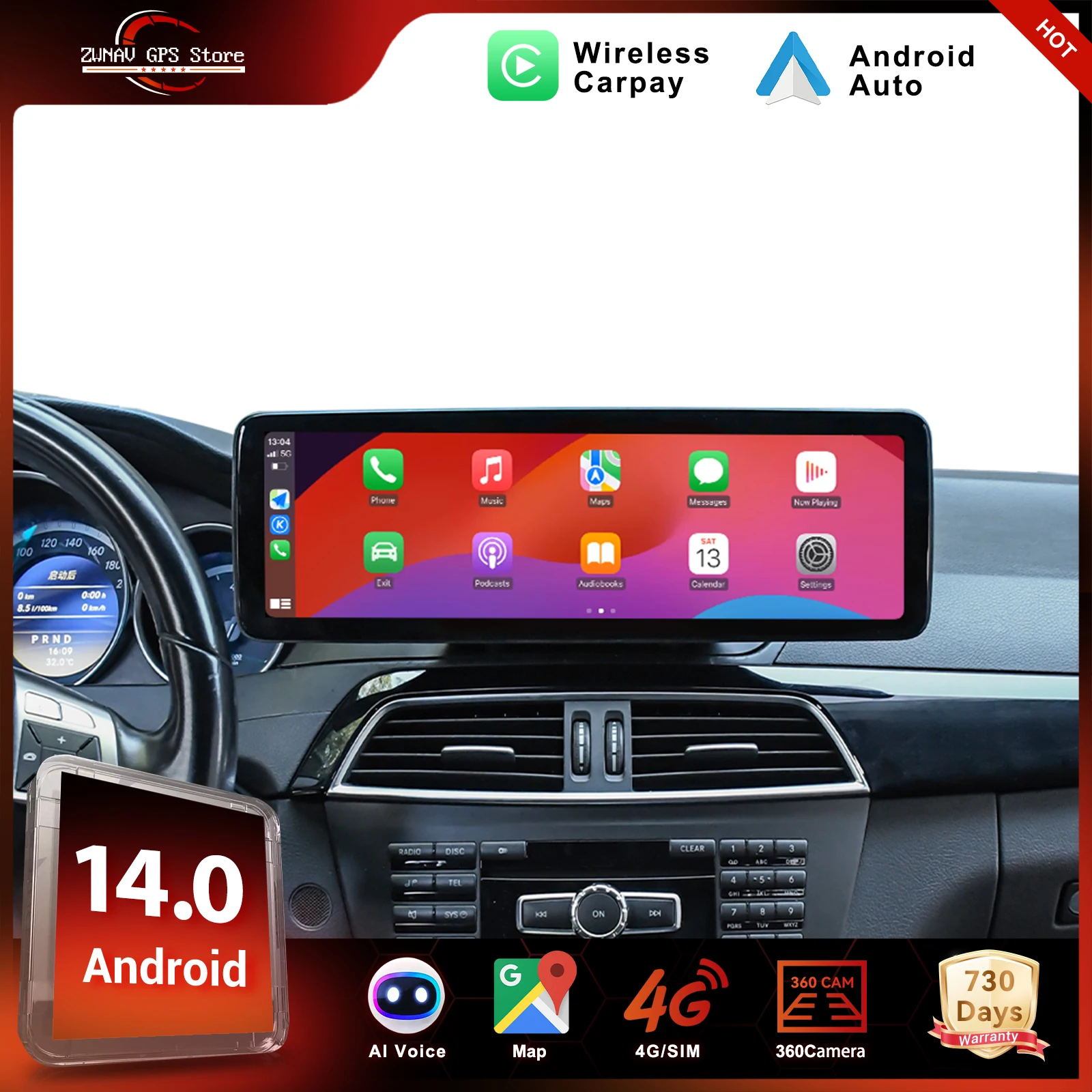

ZWNAV Android 14 Car RadioFor Mercedes Benz C Class 2011－2014 Wireless CarPlay Auto DSP Sound GPS Navigation WIFI 4G Syste