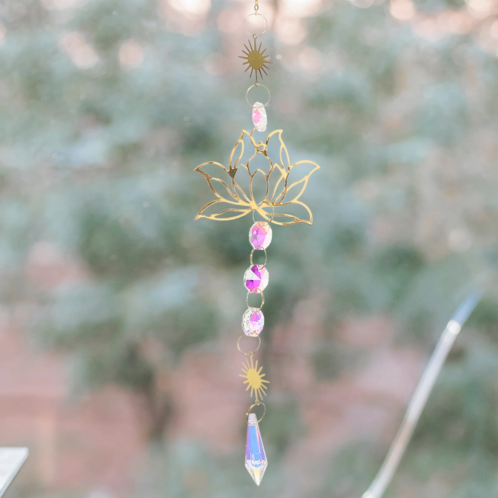 

Golden Lotus Crystal Sun Catcher Hanging Decor for Garden Outdoor Window Car Rear View Mirror - Sparkling Flower Prism Pendant