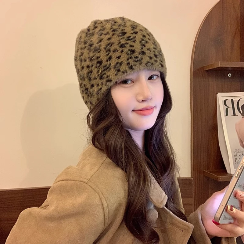 

Ins Personalized Leopard Print Pullover Beanies Cap for Women Autumn and Winter Warm Versatile Fashion Casual Y2K Knitted Hat