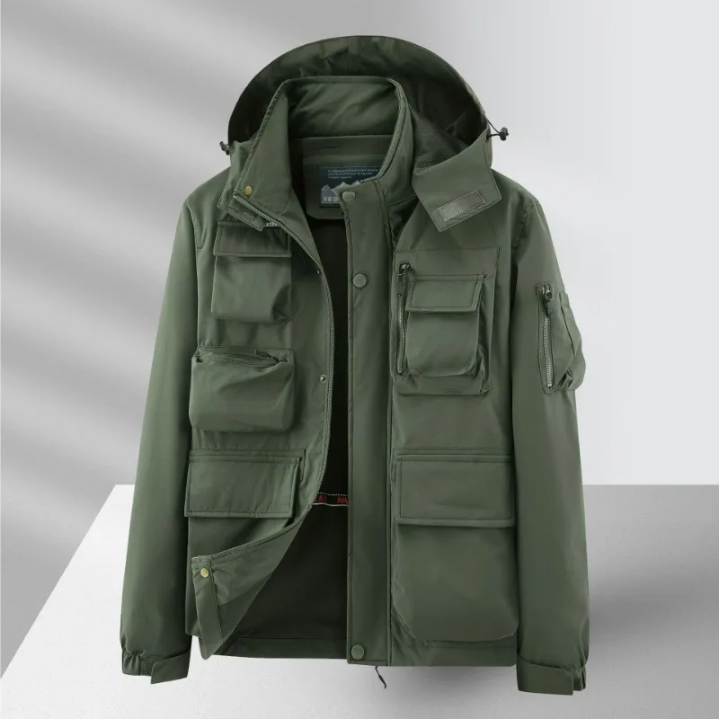

2025 New Multi Pocket Quick Drying Waterproof Jacket Fishing Photography Workwear Detachable Hooded Men's Tactical Jacket