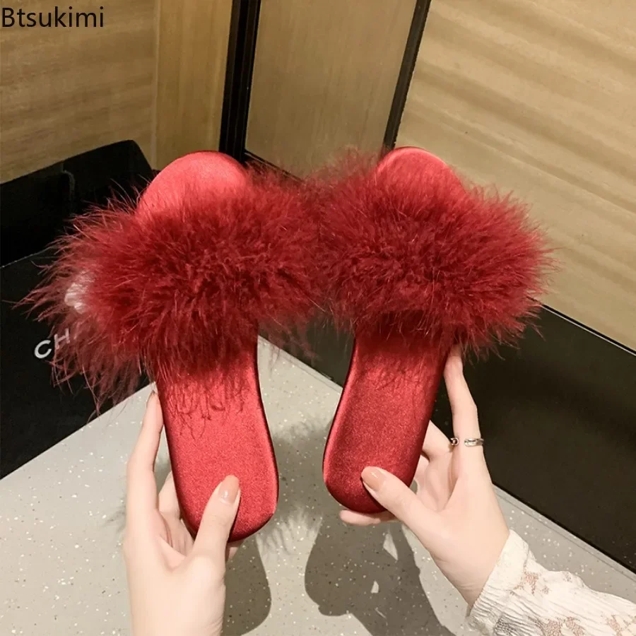 2024 Women\'s Faux Fur Slippers Silk Indoor Summer Shoes Ladies\' Sandals Anti-slip Women Fashion Slides Female Home Floor Slipper