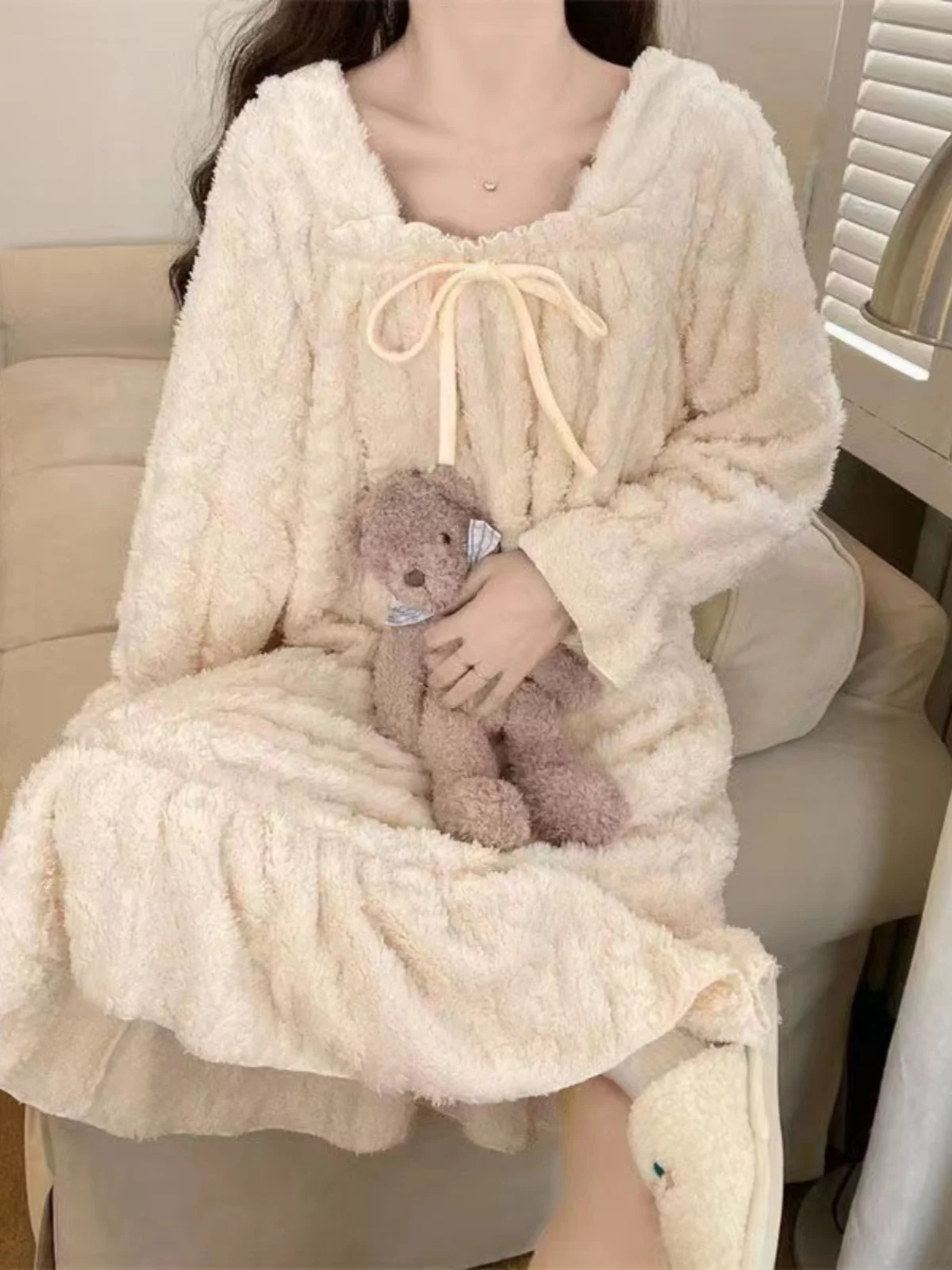 

Thiened Fce Long Knee-Length Coral Sp Dr 2024 New Princ Sle Plu Flannel Pajamas Cute Home Clothes