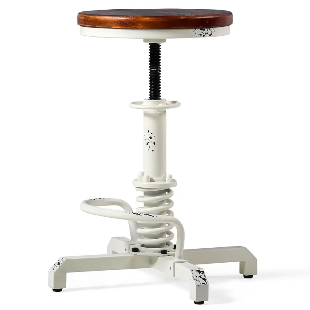

Industrial Retro Vintage Farm Wooden Seat Tractor Stool Kitchen Swivel Height Adjustable Bar Stool Antique White
