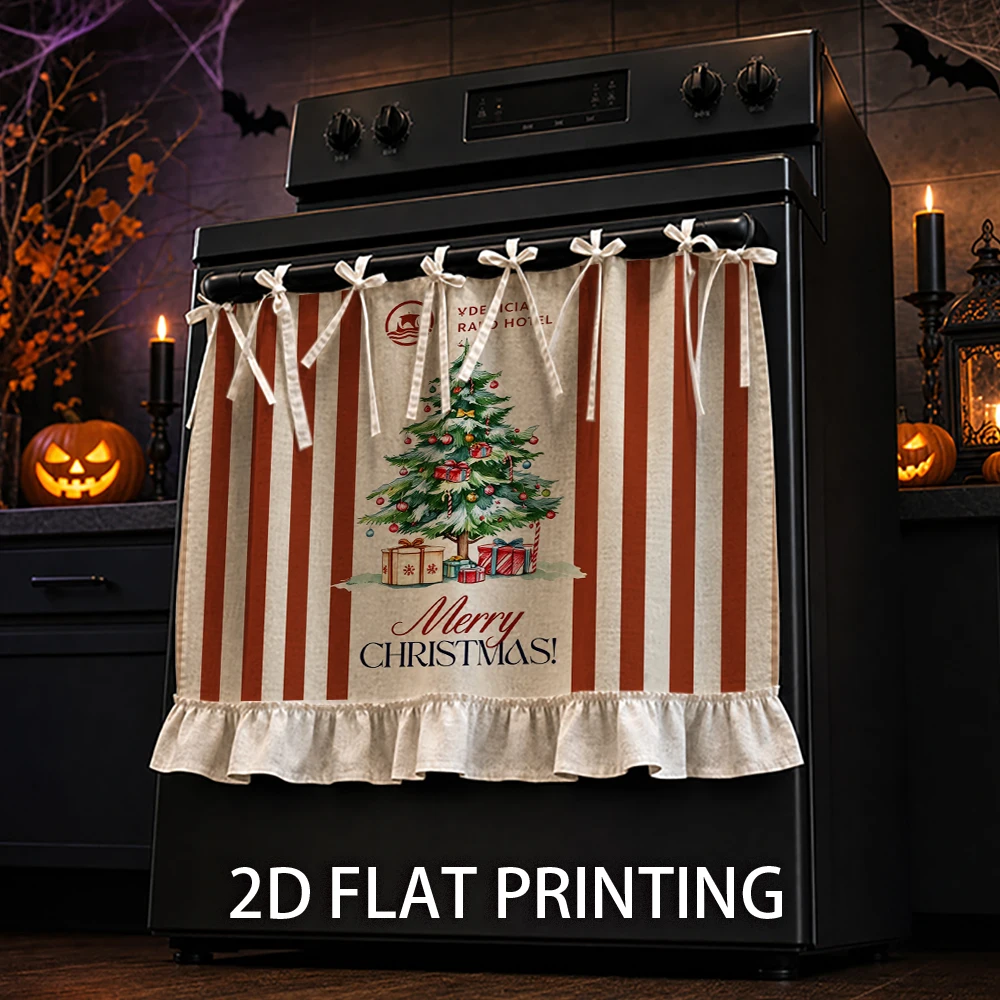 1PC Christmas Kitchen Curtain-Cabinet Curtain-Apron. A decorated Christmas tree with gifts and stripes. Can be used as a stove c