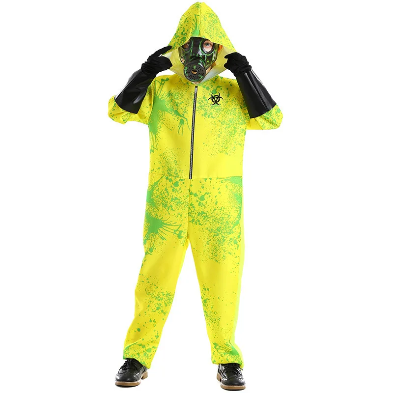 Evil Zombie Hazmat Cosplay Kids Hazmat Suit And Mask Costume For Purim Outfit Boys Yellow Biochemical Radiation Jumpsuit