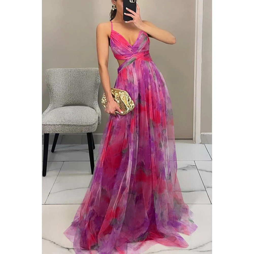

Romantic Floral Print Tulle Beach Maxi Dress Spaghetti Strap Cutout Waist Backless Long Summer Vacation Evening Party Dress