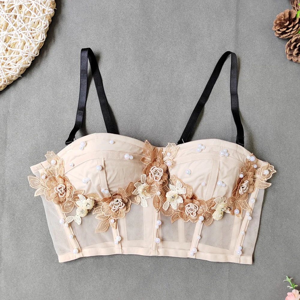 Top Corto de Mujer sin Tirantes con Cuentas y Bordado de Malla Transparente para Discoteca, Marca Montisa, Color Puro, an V...