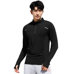 Long Bodybuilding Training Tee Running Quick Dry Elastic Half Zipper Fitness Pullover Workout Men Finger Hole Long Sleeves