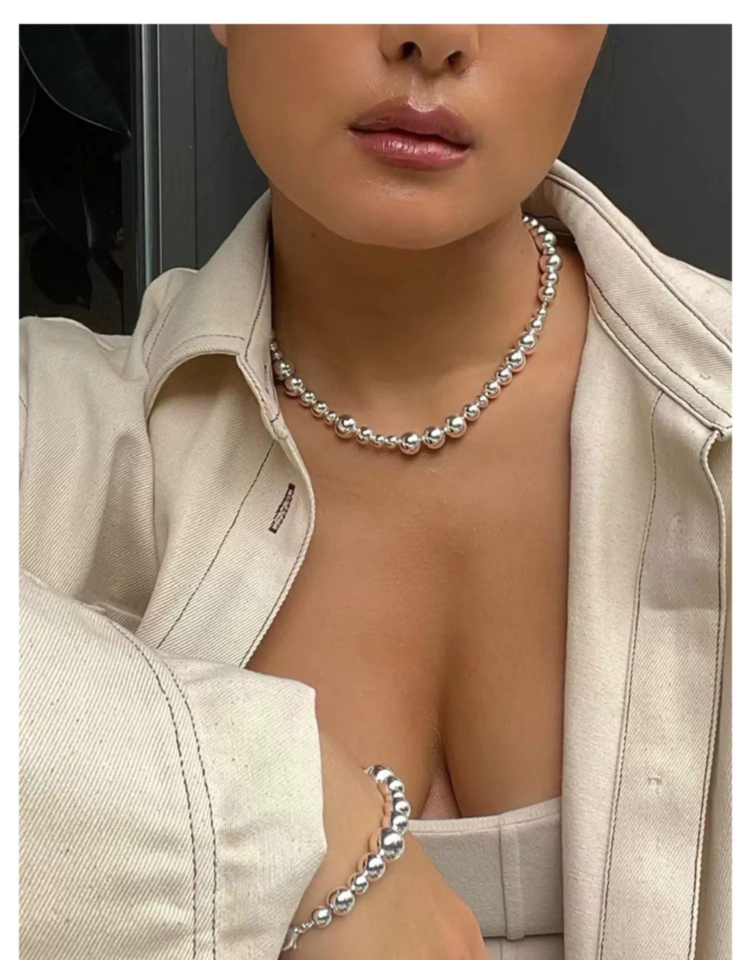 

Brass Big Small Ball Chain Choker Necklace Women Jewelry Punk Designer Runway Rare Gown Boho Japan Korean