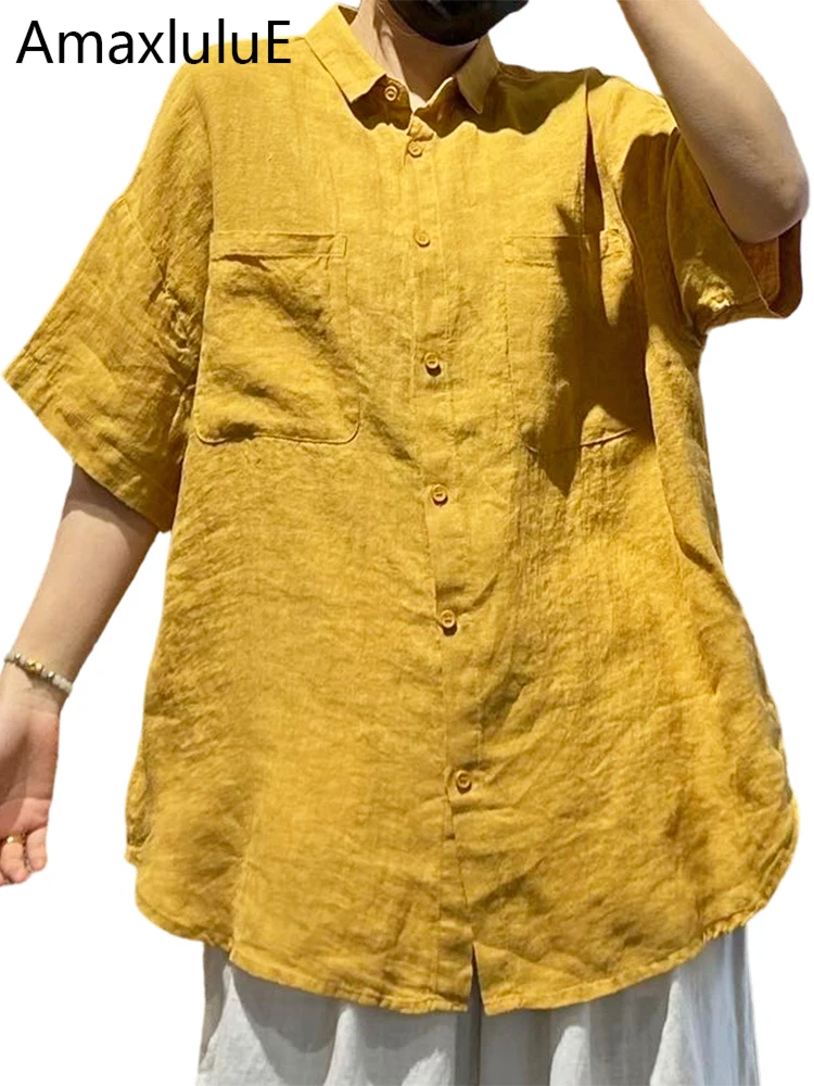 

Amax LuluE 2026 Korean Design Loose Soild Shirts Womens Fashion Leisure Cotton Linen Tops Ladies Summer Vintage Classic Blouses