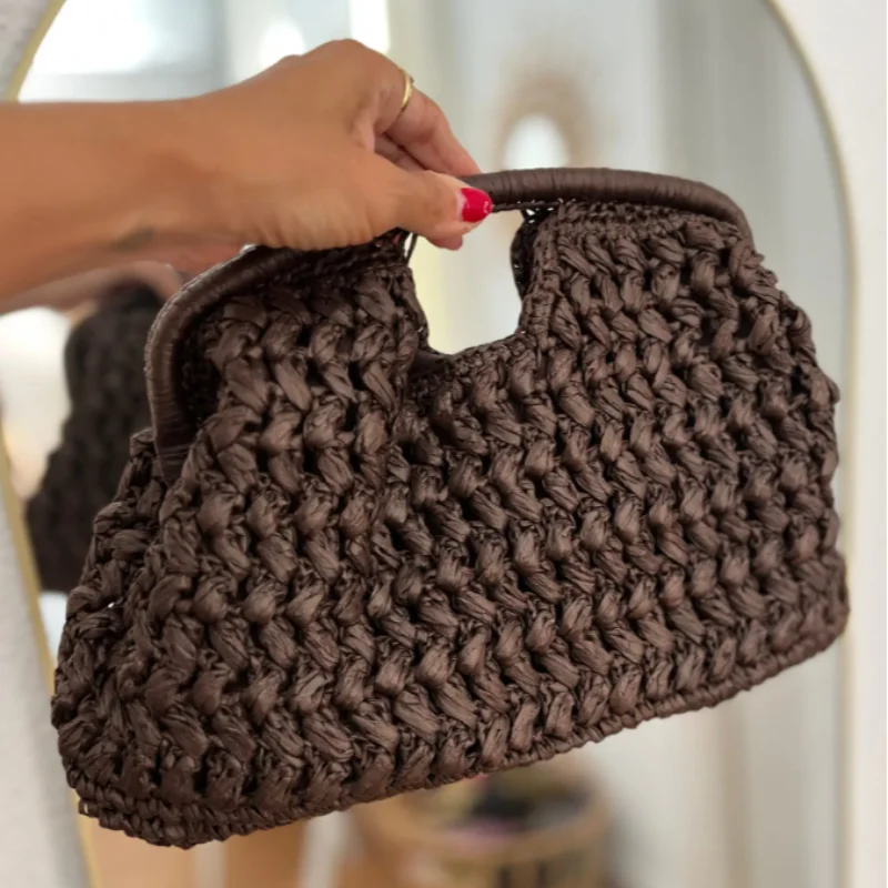 

Popular Russian Woven Clutch Handmade Raffia Crochet Clutch Bag Luxury Vacation Shell Handbag Beach Knitted Straw Clip Handbag