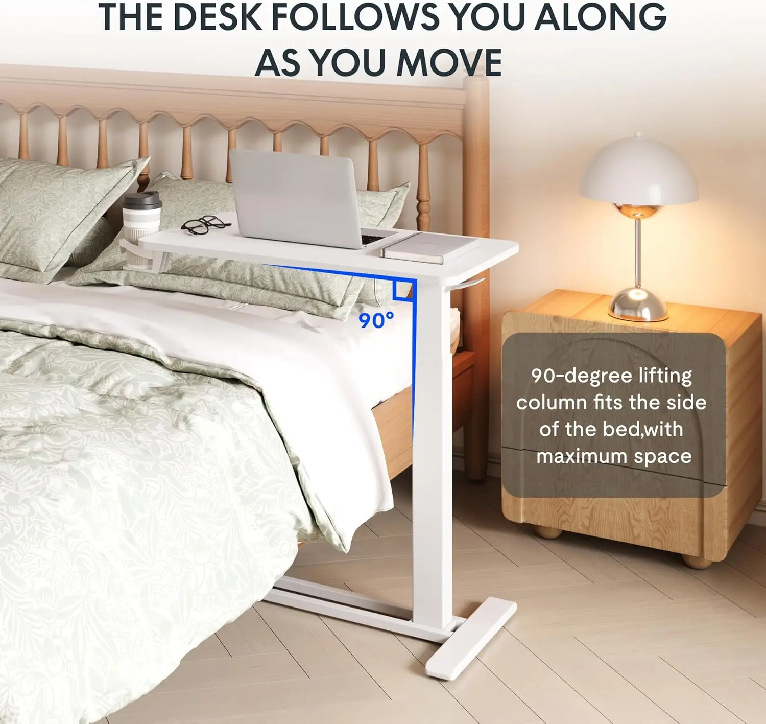 Flexispot Medical Adjustable Overbed Bedside Table With Wheels Pneumatic Mobile Standing Laptop Desk Rolling Computer Cart