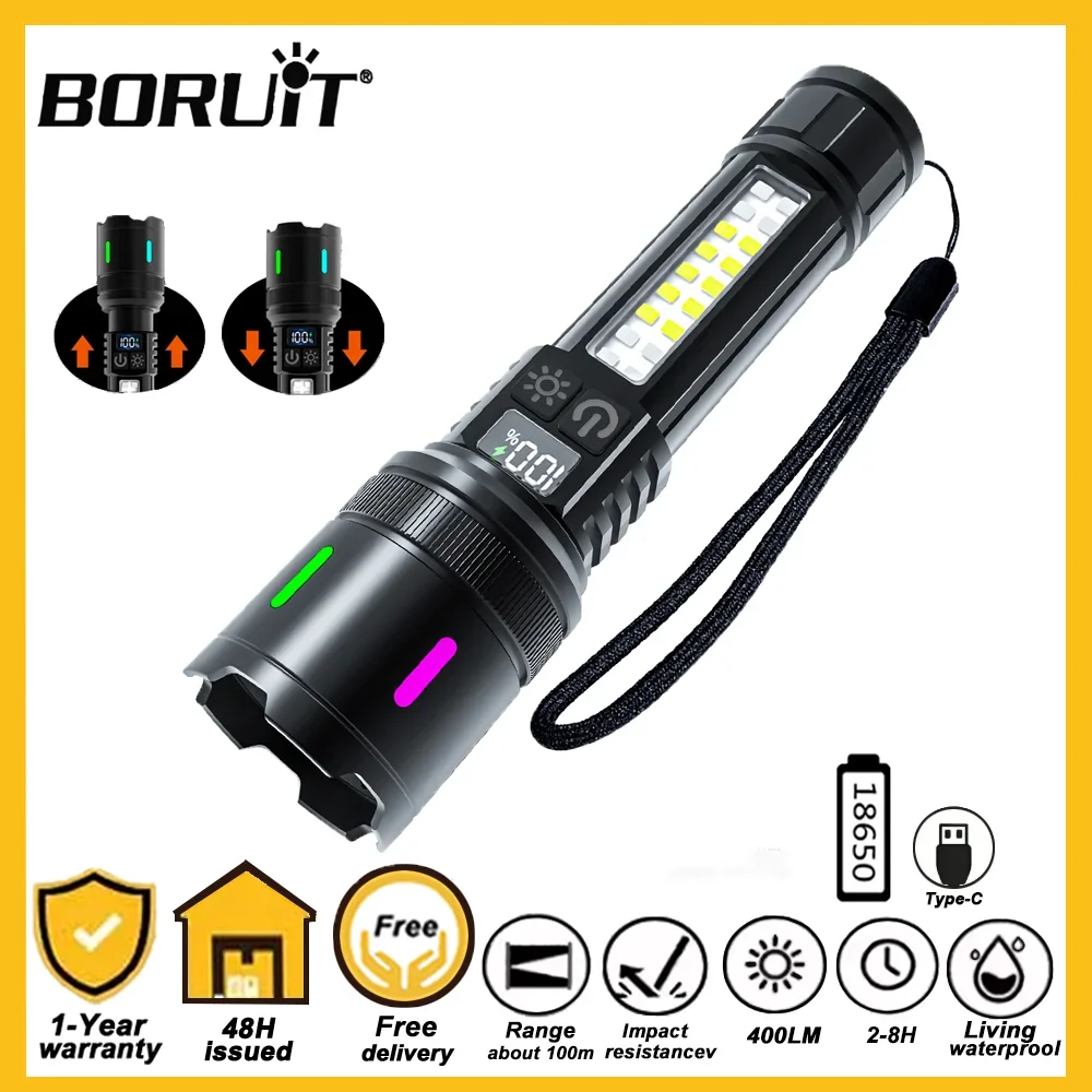 BORUiT LED Flashlight with Digital Display Rechargeable LED Flashlights  Built-in 18650 battery Zoom Torch with COB Side Light - AliExpress 39