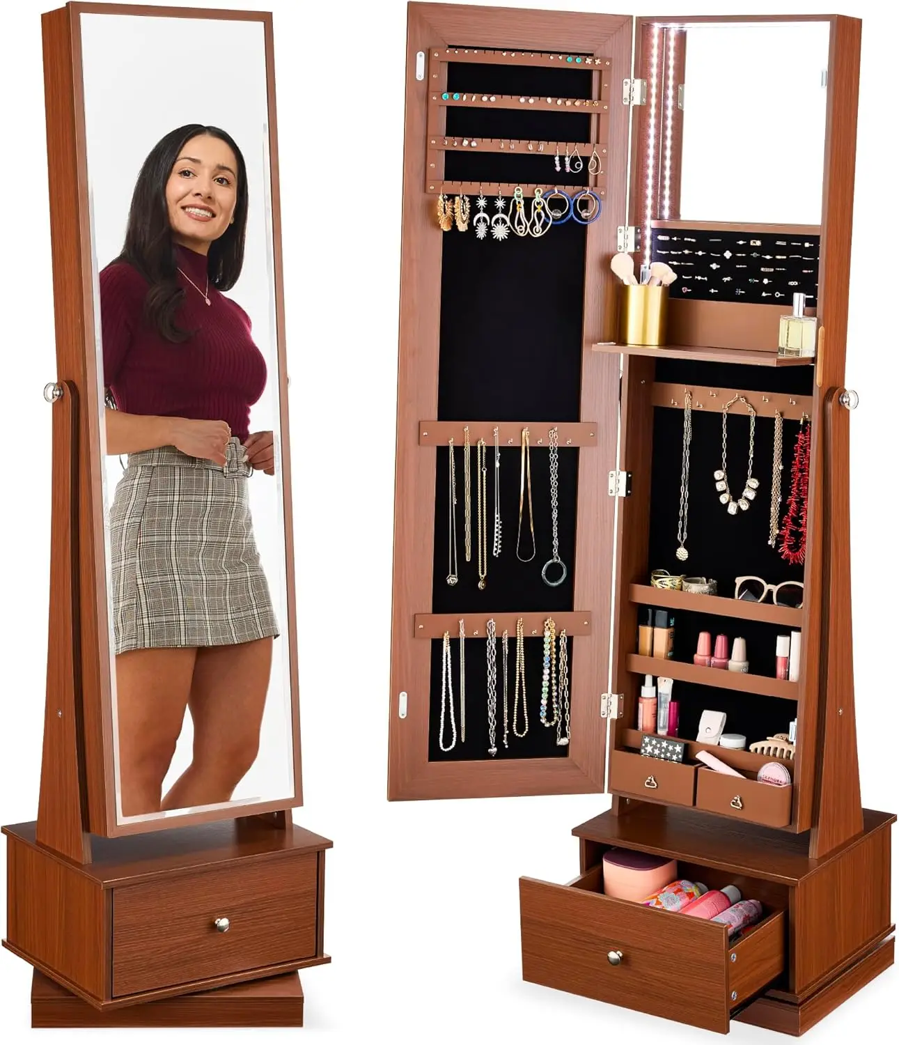 360 Swivel Mirrored Jewelry Cabinet, Standing Armoire, Makeup Storage Organizer, w/LED-lit Mirror, 3 Shelves - Walnut